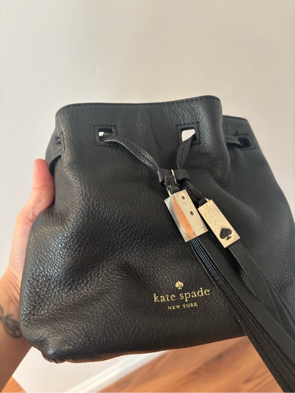 kate spade black pebbled leather mini drawstring bucket bag